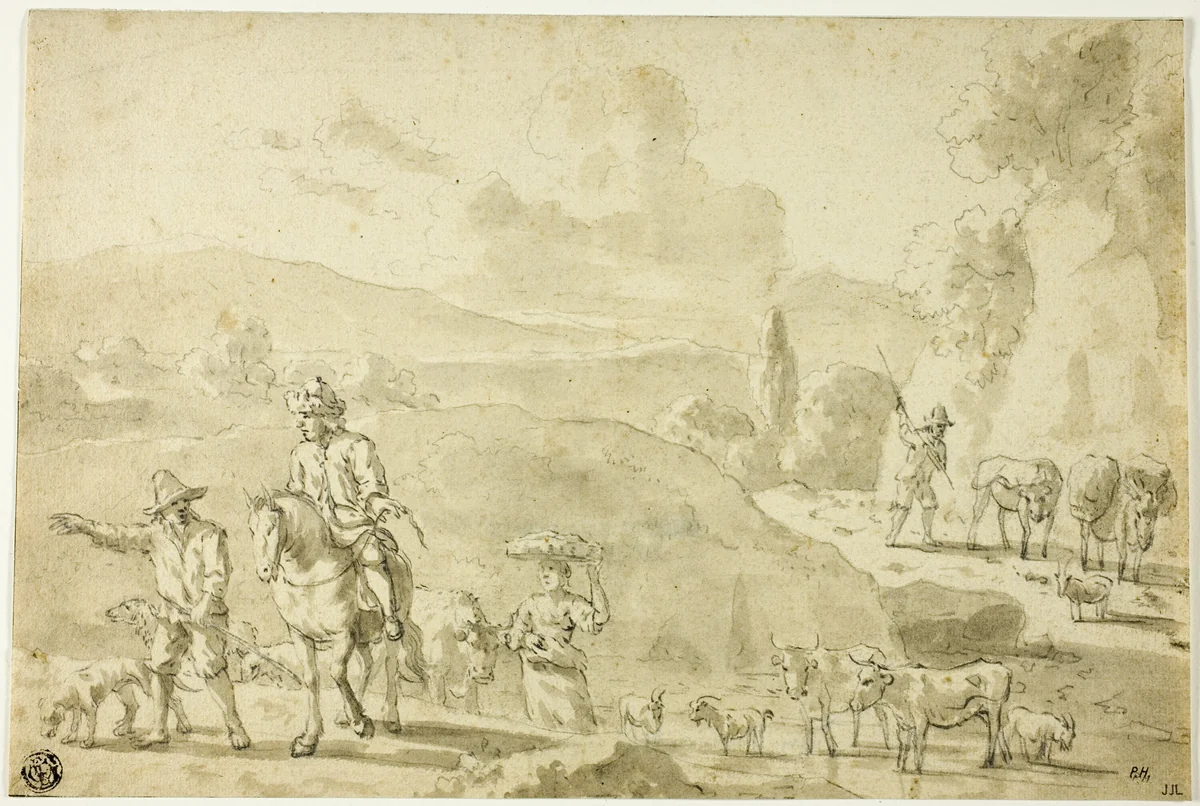 Cows, Sheep, Goats Being Herded, Herdsman Giving Directions to Traveler on Horseback by Abraham Begeyn, drawing, 1650-1697
