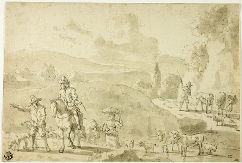 Cows, Sheep, Goats Being Herded, Herdsman Giving Directions to Traveler on Horseback by Abraham Begeyn, drawing, 1650-1697