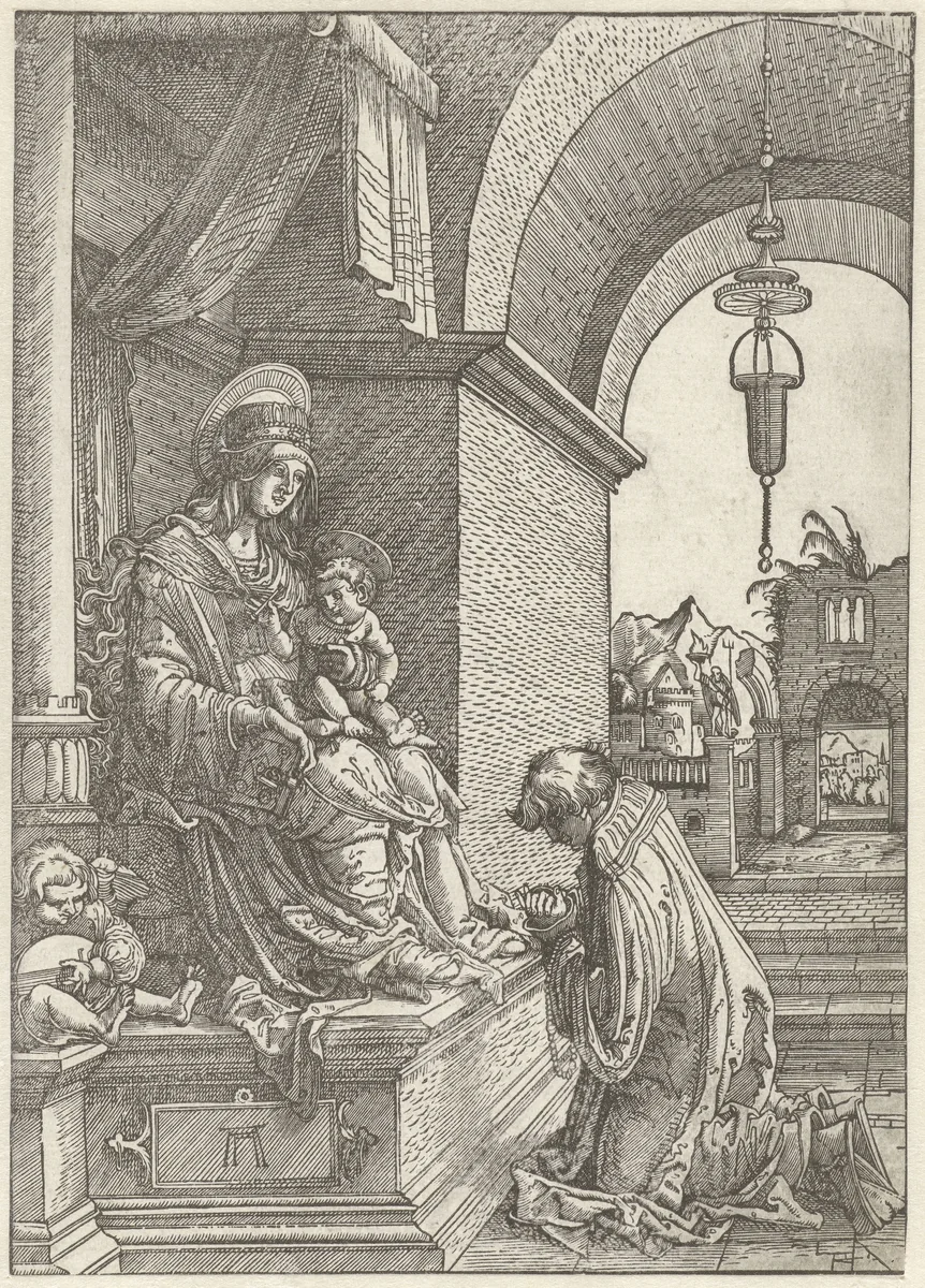 Biddende geestelijke voor Maria met kind by Unknown, print, 1506-1538