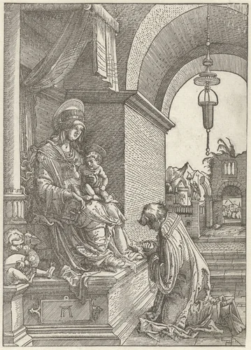 Biddende geestelijke voor Maria met kind by Unknown, print, 1506-1538