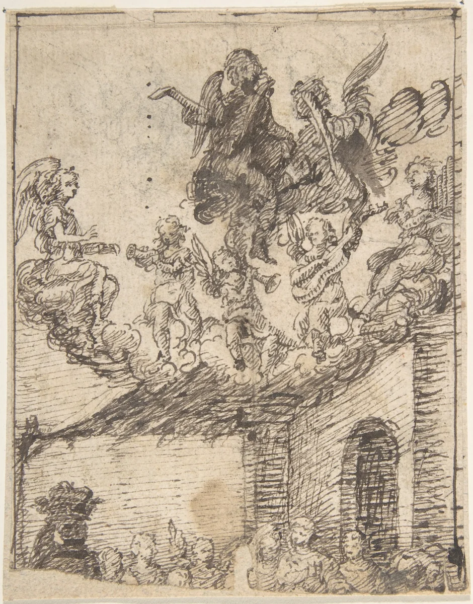 Fragment of Nativity Scene with Music-Making Angels on Clouds Above by anonymous, drawing, 1600-1700