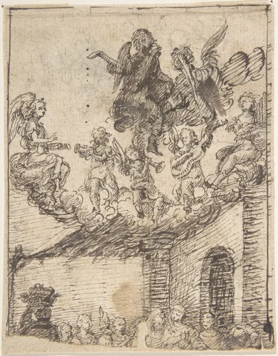 Fragment of Nativity Scene with Music-Making Angels on Clouds Above by anonymous, drawing, 1600-1700