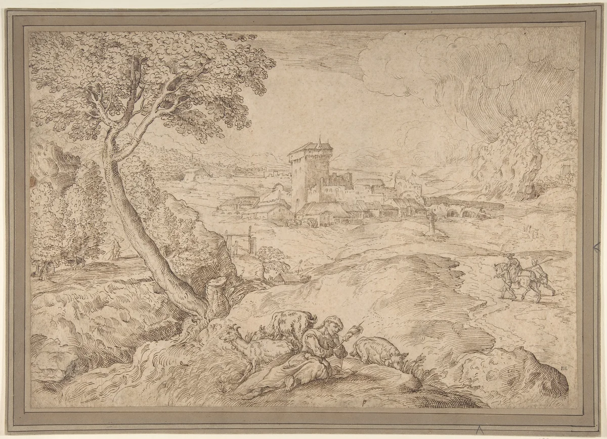 Landscape with an Old Woman Holding a Spindle by Domenico Campagnola, drawing, 1500-1564