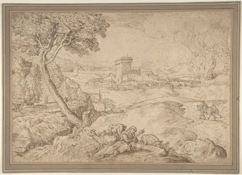 Landscape with an Old Woman Holding a Spindle by Domenico Campagnola, drawing, 1500-1564