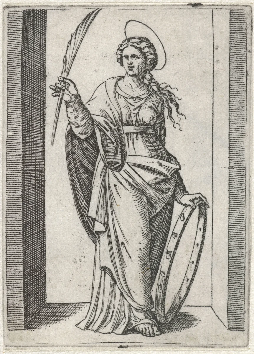 Heilige Catharina van Alexandrië met wiel by Marcantonio Raimondi, print, 1500-1527