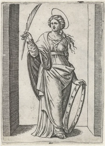Heilige Catharina van Alexandrië met wiel by Marcantonio Raimondi, print, 1500-1527