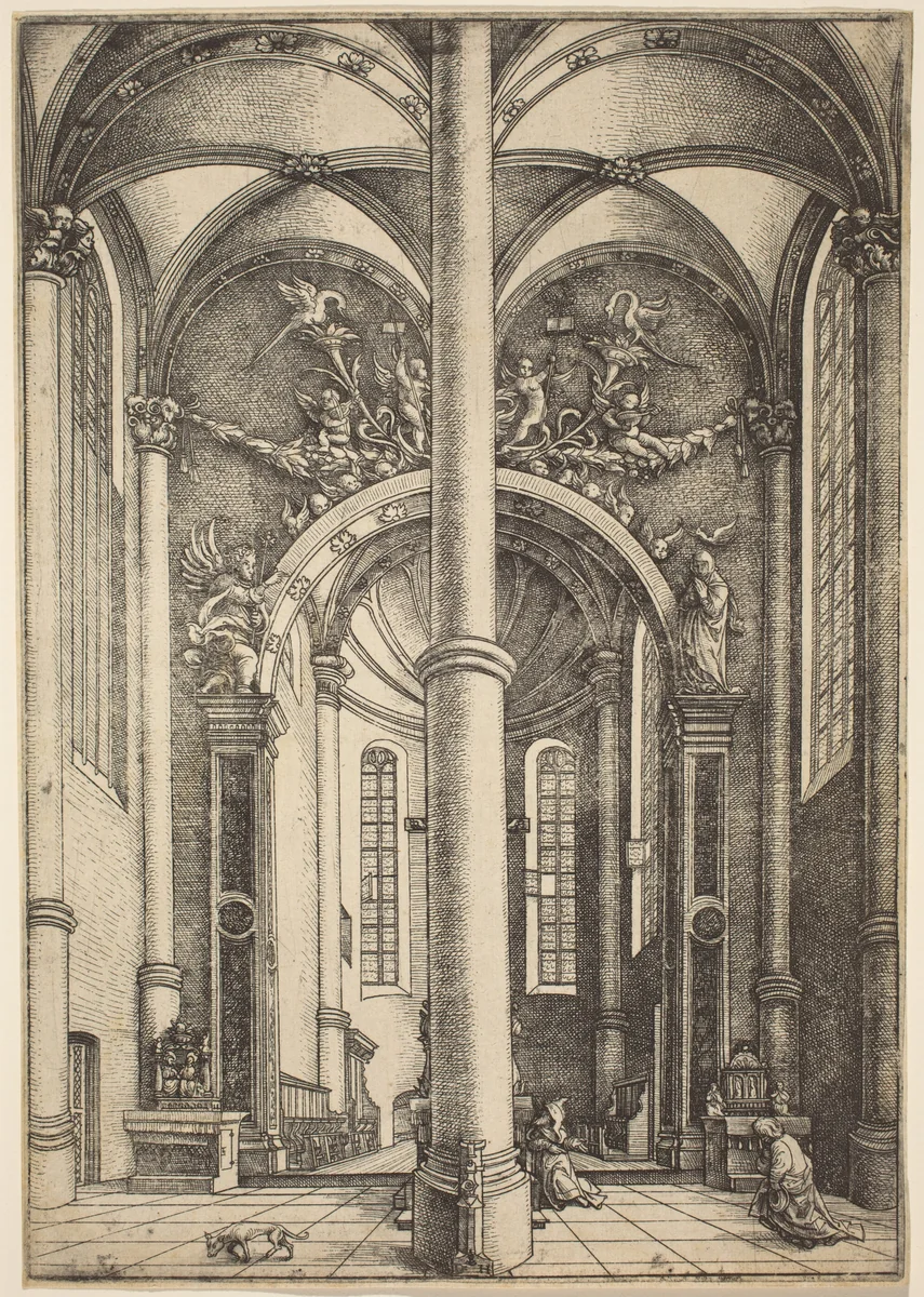 Interior of the Church of Saint Katherine with Parable of the Pharisee and the Publican by Daniel Hopfer, print, 1525-1535