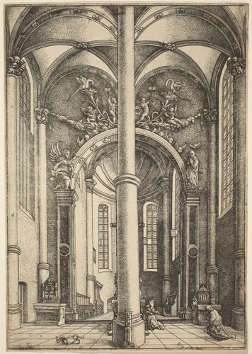 Interior of the Church of Saint Katherine with Parable of the Pharisee and the Publican by Daniel Hopfer, print, 1525-1535