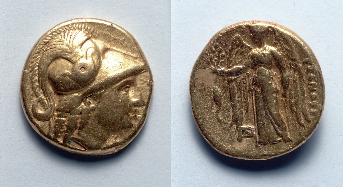 Stater: Head of Athena (obverse); Nike (reverse) by Unknown, metalwork, -336--323