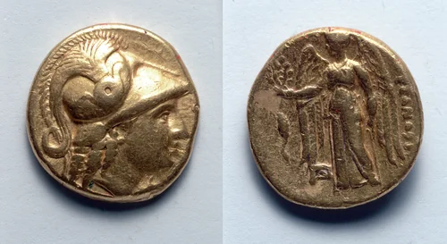 Stater: Head of Athena (obverse); Nike (reverse) by Unknown, metalwork, -336--323