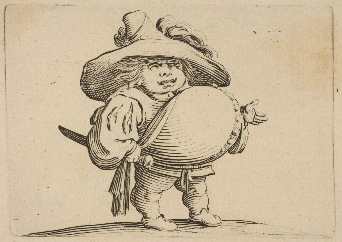 L'Homme au Gros Ventre Orné d'une Rangée de Boutons (Man with a Large Belly Decorated with a Row of Buttons), from "Varie Figure Gobbi, suite appelée aussi Les Bossus, Les Pygmées, Les Nains Grotesques" (Various Hunchbacked Figures, The Hunchbacks, The Pygmes, The Grotesque Dwarfs) by Jacques Callot, print, 1616-1622