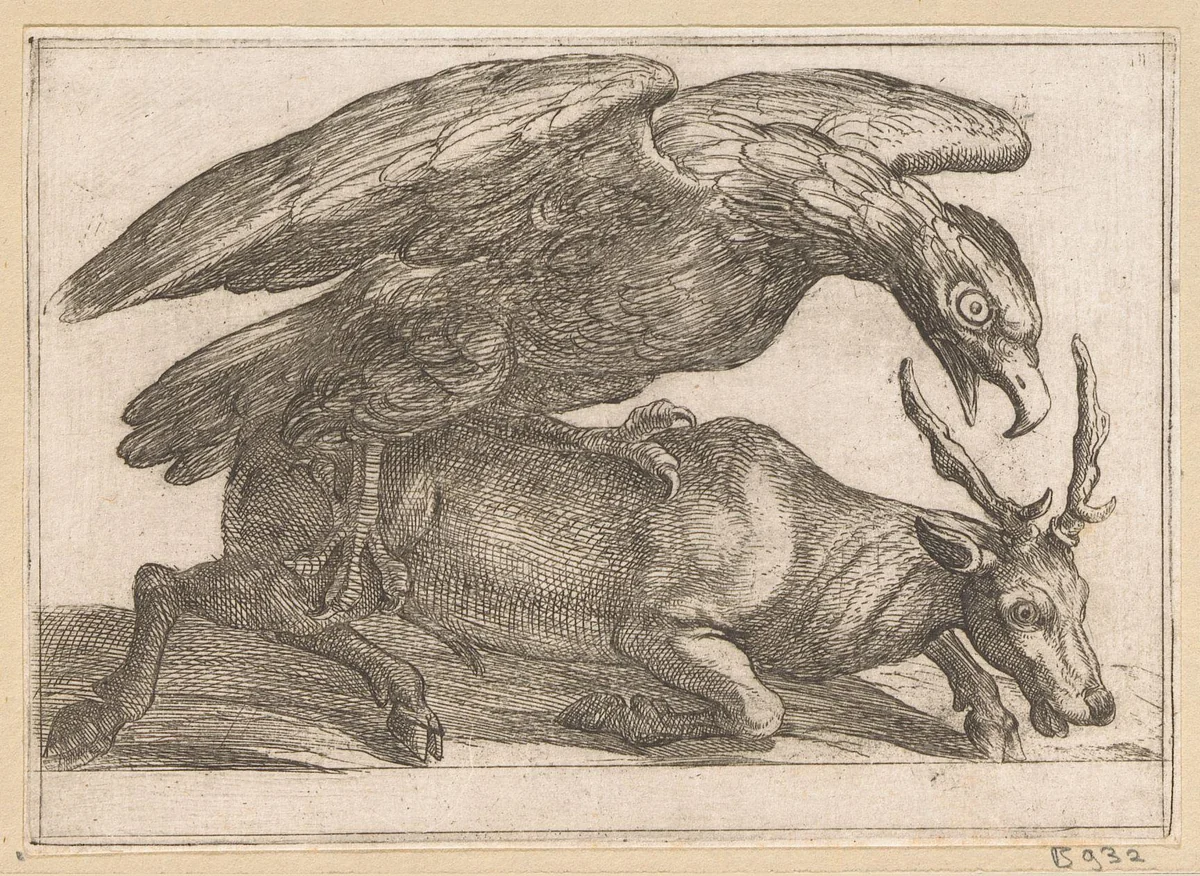 Een grote vogel valt een hert aan by Antonio Tempesta, print, 1600
