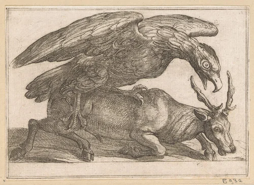 Een grote vogel valt een hert aan by Antonio Tempesta, print, 1600