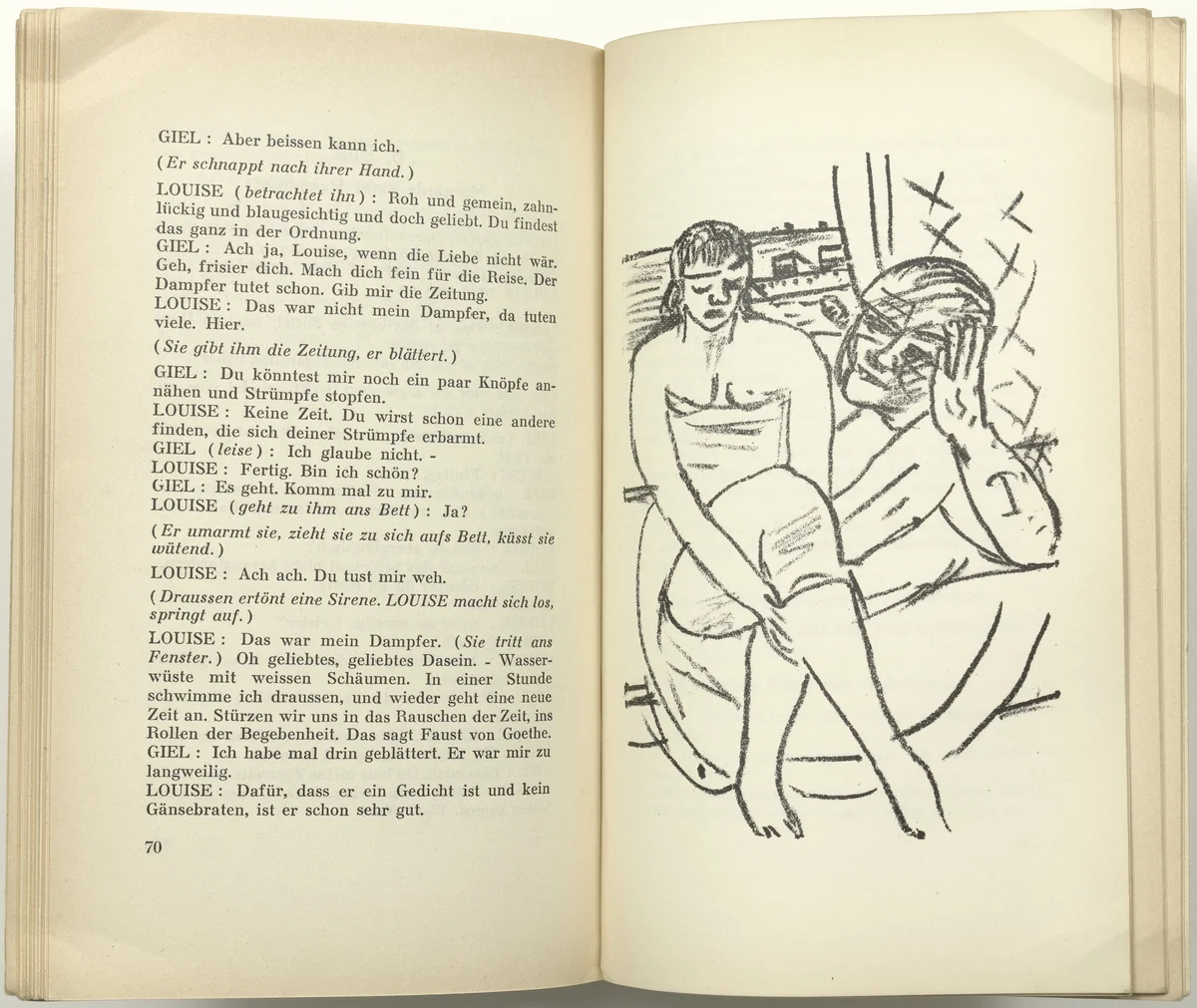 Illustration for Scene 6 (plate facing page 70) from Der Mensch ist kein Haustier (Man Is Not a Domestic Animal) by Max Beckmann, illustrated book, 1937