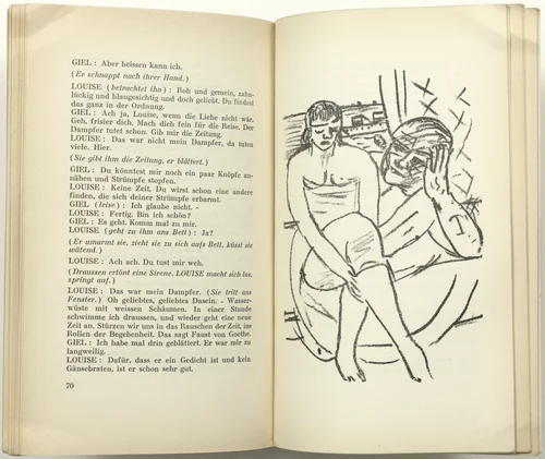 Illustration for Scene 6 (plate facing page 70) from Der Mensch ist kein Haustier (Man Is Not a Domestic Animal) by Max Beckmann, illustrated book, 1937