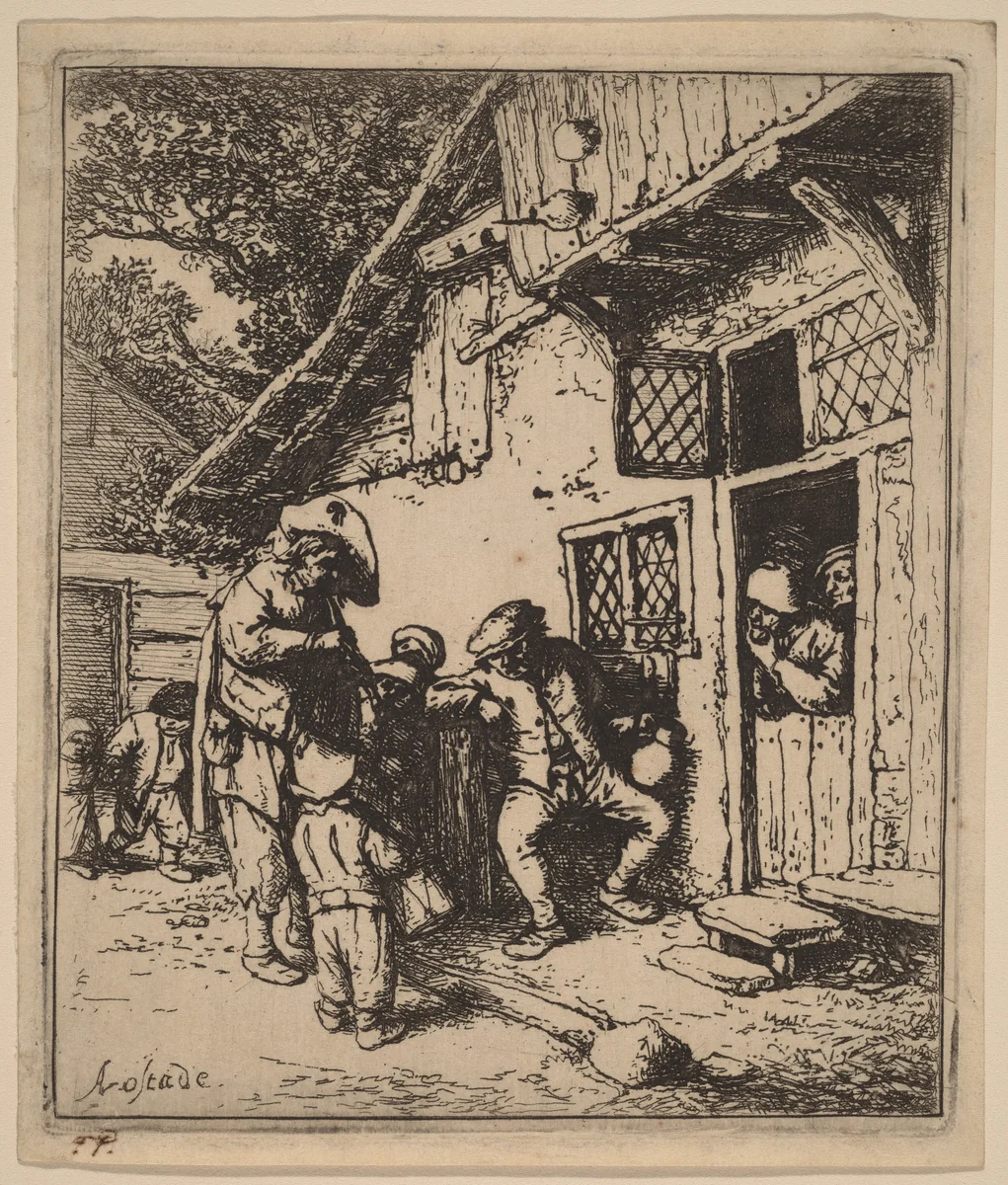 Peasants Outside an Inn Entertained by Musicians with a Flute and a Drum by Adriaen van Ostade, print, 1648-1658