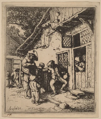 Peasants Outside an Inn Entertained by Musicians with a Flute and a Drum by Adriaen van Ostade, print, 1648-1658