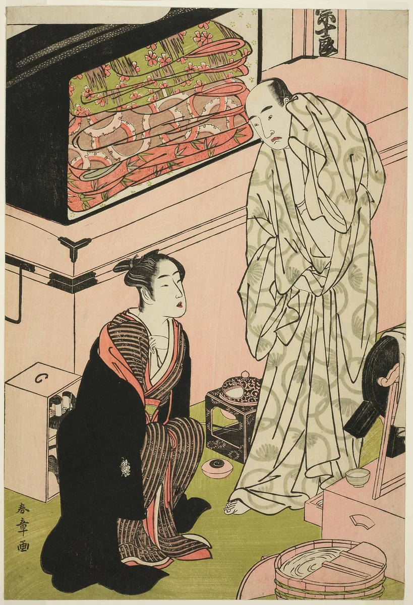 The Actor Sawamura Sojuro III (right), in His Dressing Room in Conversation with the Actor Segawa Kikunojo III (left) by Katsukawa Shunshô (勝川春章), print, 1775-1788