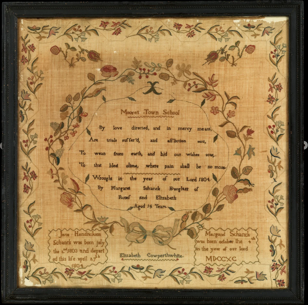 Sampler made at the Moorestown Friends School by Margaret Schanck, artwork, 1804