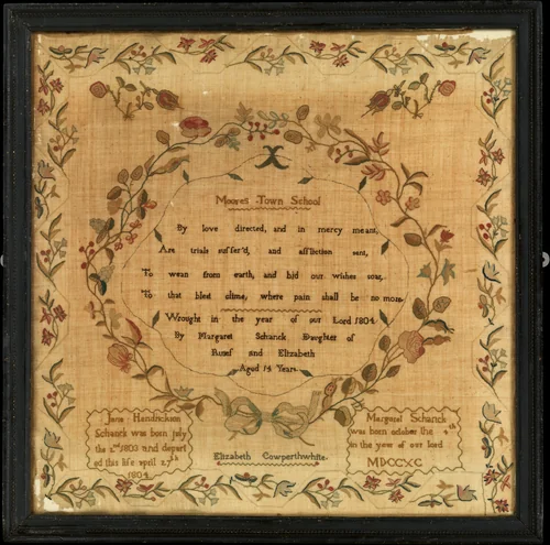 Sampler made at the Moorestown Friends School by Margaret Schanck, artwork, 1804