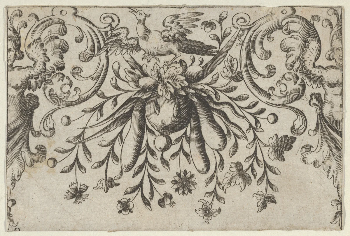 Design for Silverwork with Garlands, Birds, and Grotesque Motifs by Hieronymus Bang, print, 1568-1633