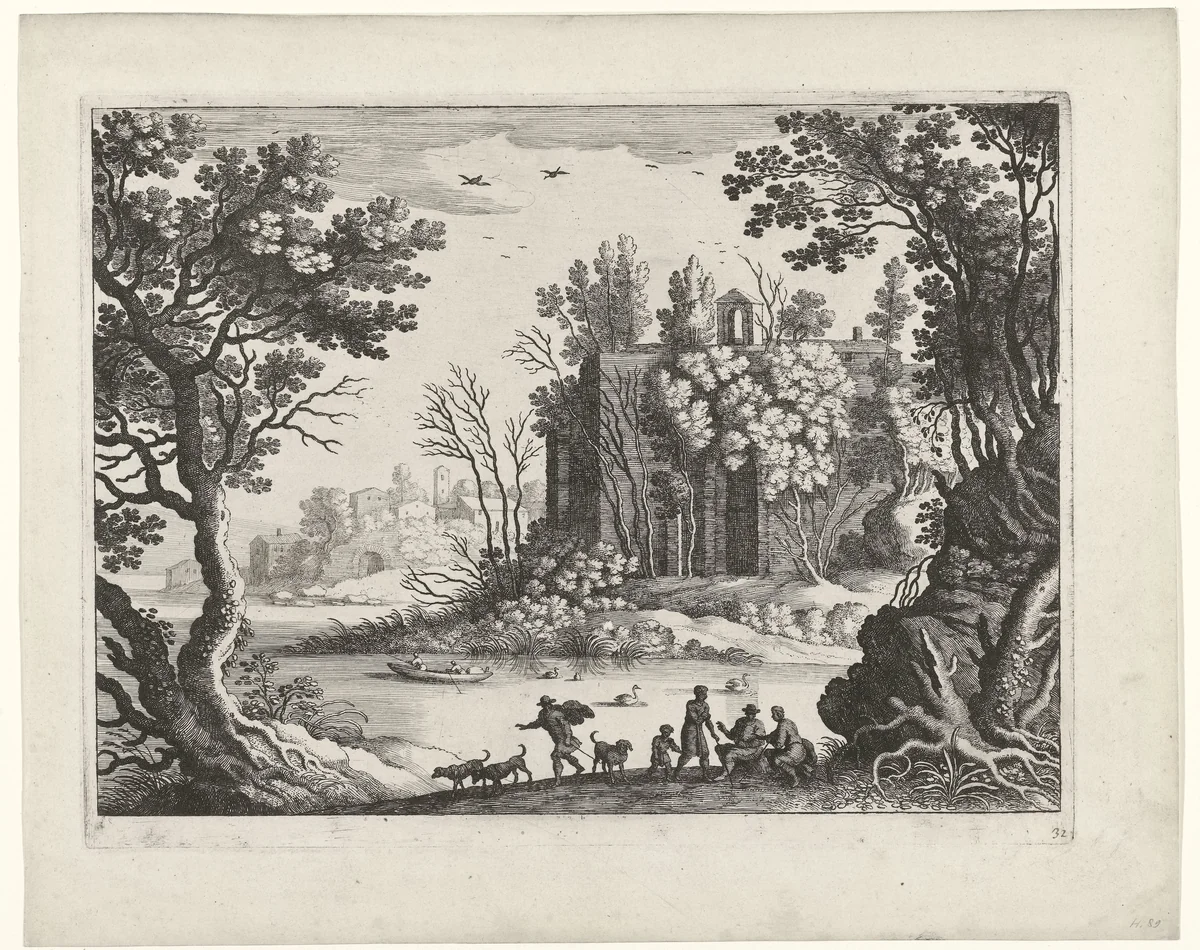 Gebouw aan een rivier by Guilliam van Nieulandt, print, 1594-1635