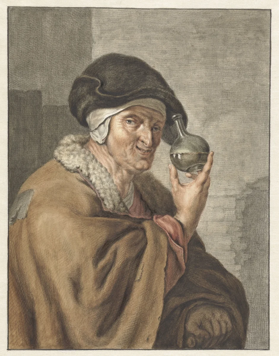 Oude vrouw met een urine-glas by Abraham Delfos, drawing, 1741-1820