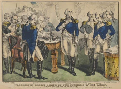 Washington Taking Leave of the Officers of His Army–at Francis's Tavern, Broad Street, New York, December 4th, 1783–"With a heart full of love and gratitude, I now take leave of you. I most devoutly wish that your latter days may be as prosperous and happy, as your former ones have been glorious and honorable." by Nathaniel Currier, print, 1848