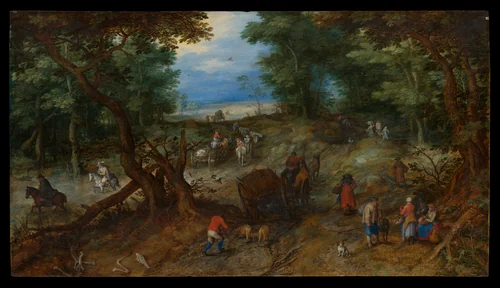 A Woodland Road with Travelers by Jan Brueghel, painting, 1607