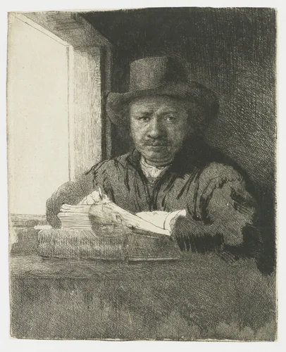 Self-portrait etching at a window by Rembrandt van Rijn, print, 1648