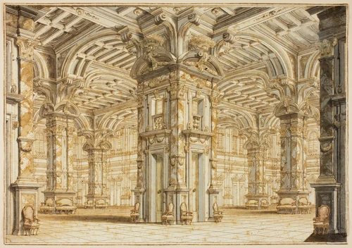 Festival Hall From a Theatrical Scene by Giuseppe Galli Bibiena, drawing, 1714-1724