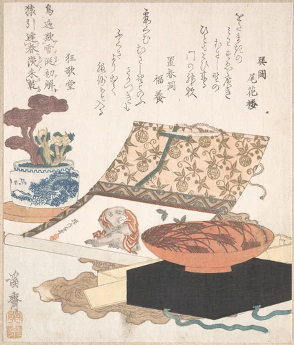 Kakemono of Monkey, Wine Cup and Potted Plants by Keisai Eisen (渓斎英泉), print, 1812