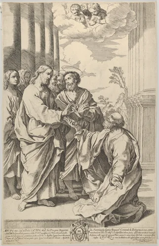 Christ giving the keys of the church to Saint Peter who kneels before him by Gian Battista Bolognini, print, 1640-1670