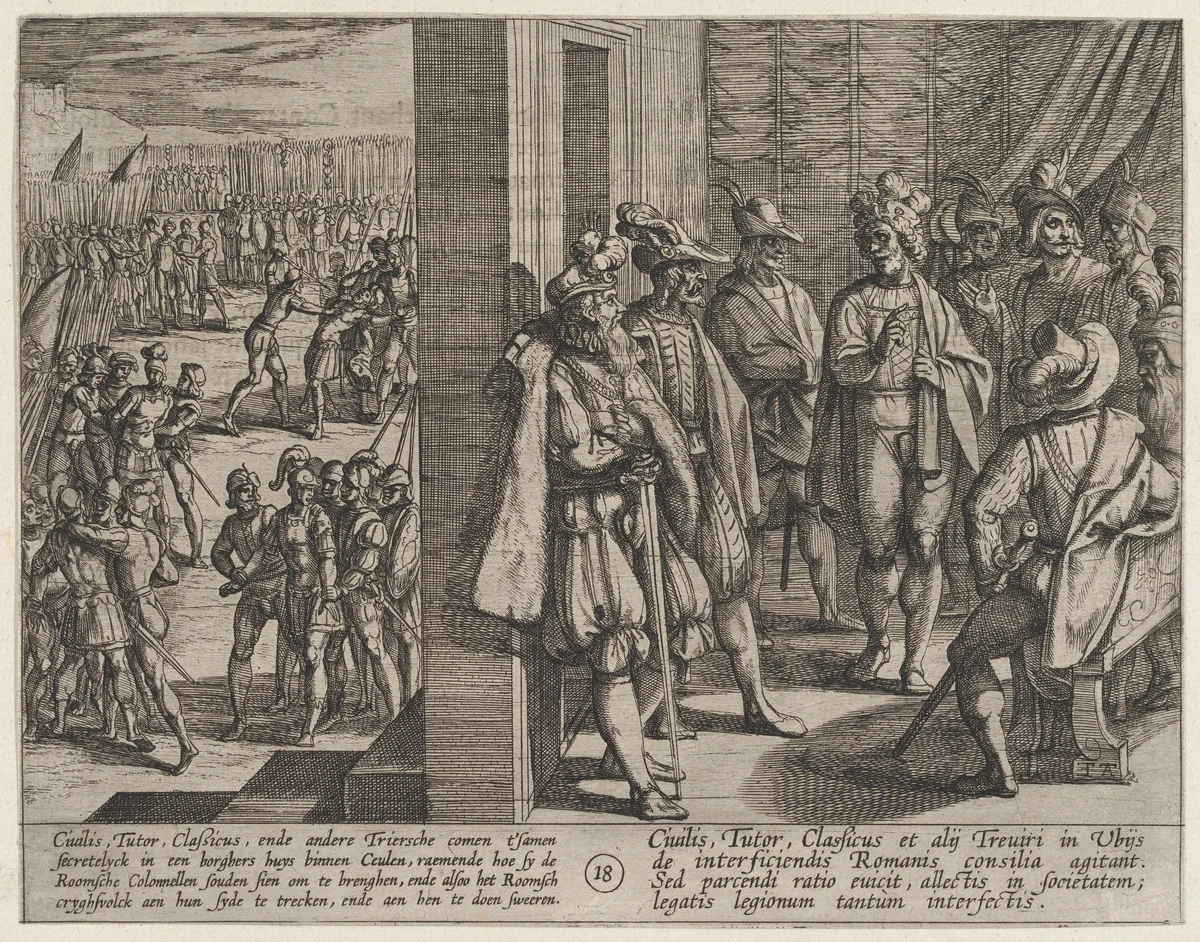 Plate 18: Secret Meeting of Civilis with Other Leaders from Trier, from The War of the Romans Against the Batavians (Romanorvm et Batavorvm societas) by Antonio Tempesta, print, 1611-1612