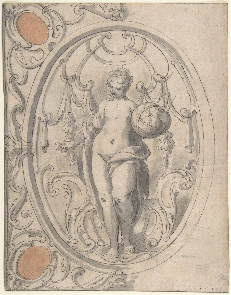 Design for an Ornamental Panel with the Figure of Astronomy by Johann Matthias Kager, drawing, 1590-1637