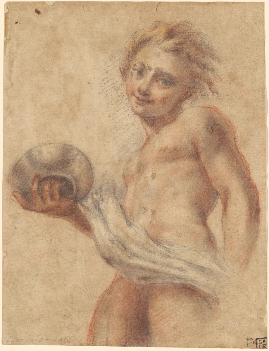 Youth Holding a Dish by Correggio, drawing, 1600-1700