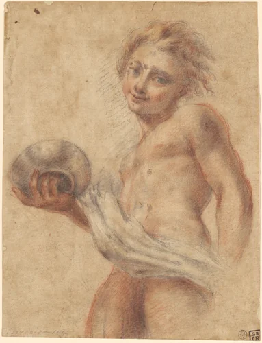 Youth Holding a Dish by Correggio, drawing, 1600-1700