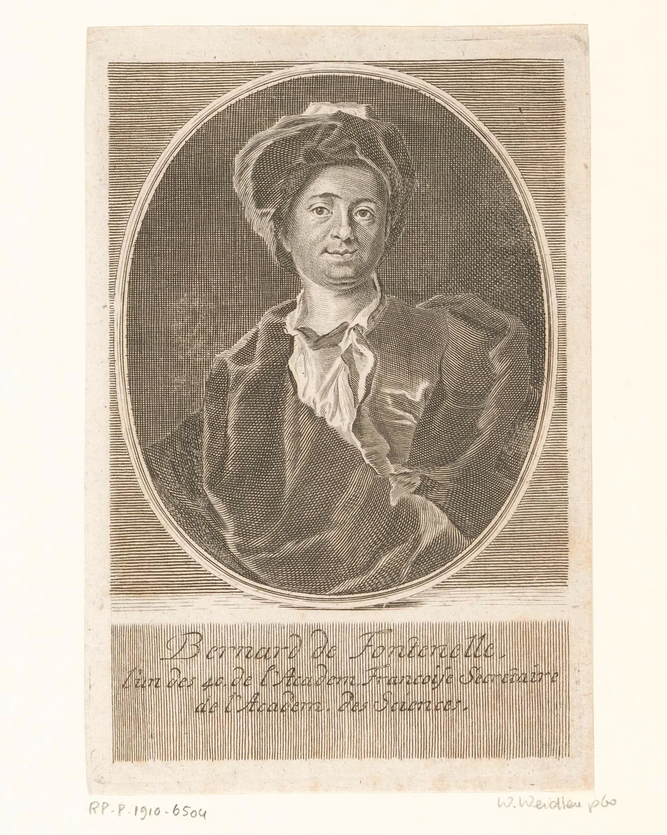 Portret van Bernhard de Fontenelle by Martin Bernigeroth, print, 1726