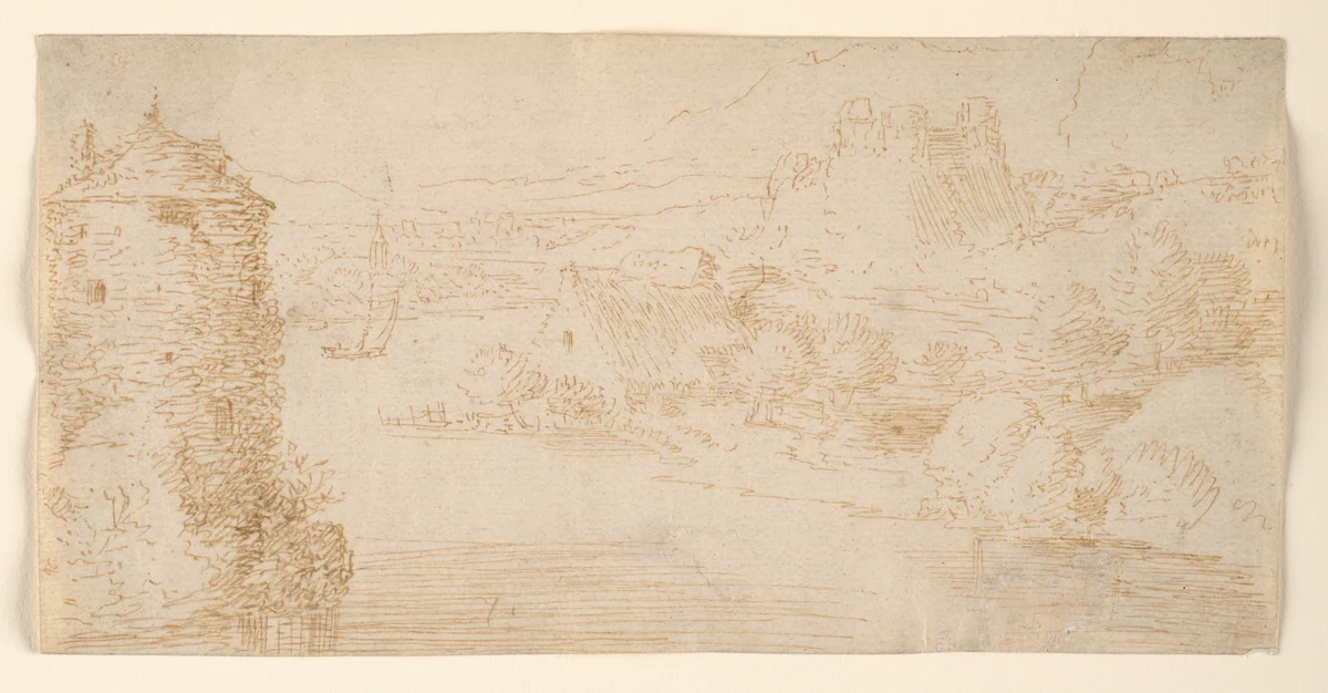 River Landscape by Jaques Saverij, drawing, 1597-1603
