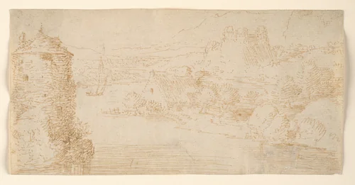 River Landscape by Jaques Saverij, drawing, 1597-1603