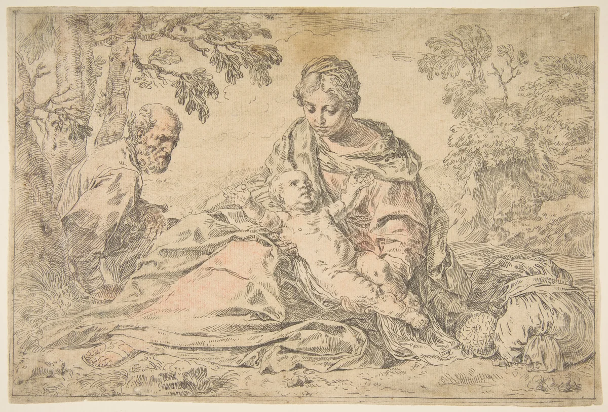 Rest on the flight into Egypt, Mary holding the infant Christ with St. Joseph at left by Simone Cantarini, print, 1635-1645