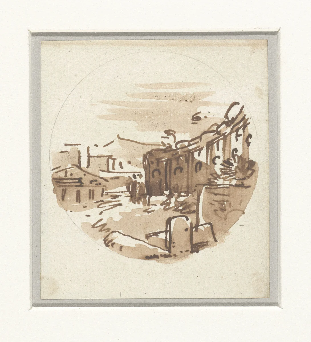 Vluchtige schets van klassieke gebouwen, een tempel en een portiek in een gebogen wand by Victor Jean Nicolle, drawing, 1787-1811