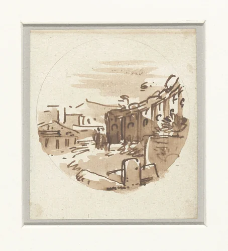 Vluchtige schets van klassieke gebouwen, een tempel en een portiek in een gebogen wand by Victor Jean Nicolle, drawing, 1787-1811