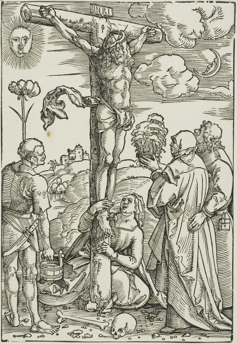 Christ on the Cross with Mary, John, the Magdalen, and Stephen by Hans Baldung Grien, print, 1500-1515