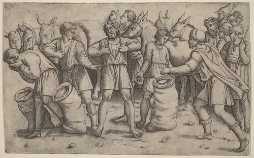 Discovery of Joseph's Cup by Giovanni Antonio da Brescia; Baldassare Peruzzi, print, 1521-1525