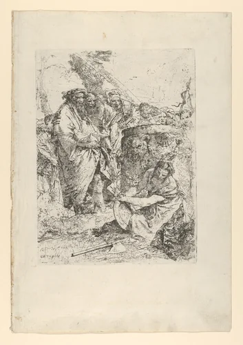 Woman kneeling in front of magicians and other figures, from the Scherzi by Giovanni Battista Tiepolo, print, 1738-1755