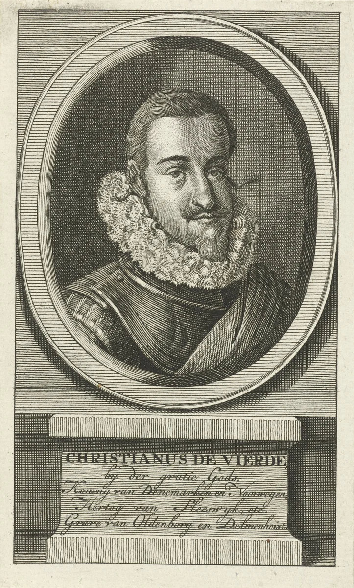Portret van Christiaan IV, koning van Denemarken en Noorwegen by Christian Friedrich Fritzsch, print, 1753-1774
