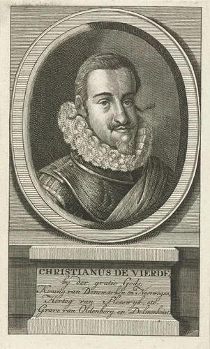 Portret van Christiaan IV, koning van Denemarken en Noorwegen by Christian Friedrich Fritzsch, print, 1753-1774
