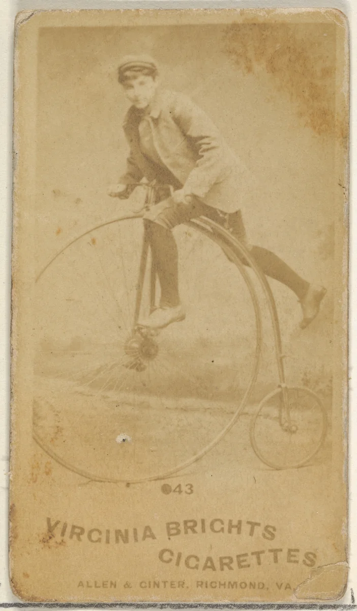 Card 43, from the Girl Cyclists series (N49) for Virginia Brights Cigarettes by Allen & Ginter, photograph, 1887