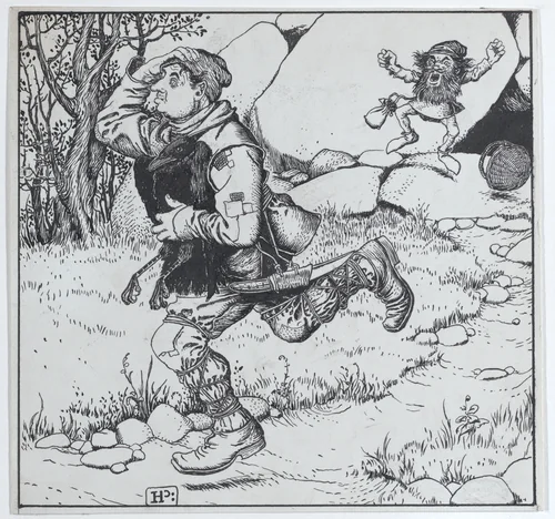 The Blacksmith Chooses Ye Raven and Runs Away With It, for "The Wonder Clock" by Howard Pyle, drawing, 1887